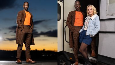 On the left: Ncuti Gatwa's Doctor wears a brown patterned suit with brown trousers and an orange top. On the right: The Doctor wears his brown and orange ensemble while Ruby Sunday (Millie Gibson) wears a patterned white top beneath a denim jacket with a fluffy collar, blue shorts and black tights.
