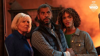 Jacqueline King, Karl Collins and Yasmin Finney in the Doctor Who 60th anniversary specials