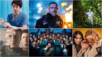 Collage from left to right clockwise - This is going to hurt, Martin Freeman in The Responder, David Attenborough in Green Planet, Sherwood, The Traitors, Am I Being unreasonable?