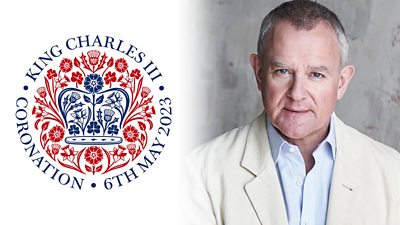 Composite image featuring the logo for the Coronation of King Charles III, alongside a photo of Hugh Bonneville. 