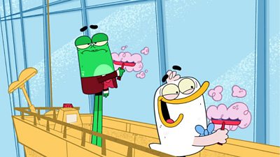 Cartoon image showing a frog and a duck washing the windows of a tall building