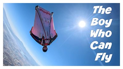 person flying in the sky with a blue sky. The Boy Who Can Fly in white bold text. 