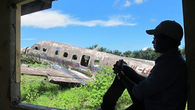 BBC Media Action trainer Ed Kargbo at the airstrip on Sherbro island, Sierra Leone.