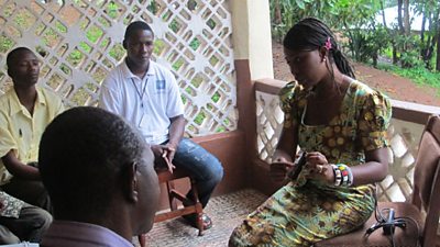 Mariama training journalists in Kenema, eastern Sierra Leone as part of a project which is rebuilding cocoa farming skills lost during the country's civil war.