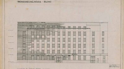 A pencil architect's drawing showing a rectangular building.