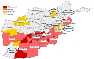 Map showing Kunduz, Wardak, Uruzgan, Nangarhar, Nimroz and Badakshan 