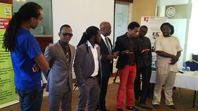 From left to right: Musician Ade Bantu, comedian Koffi, musician KA$H-11, HIV-prevention specialist Dr S Oyedeji, music producer and actor David Nnaji, and musicians Tee-Y Mix and Daddy Showkey.