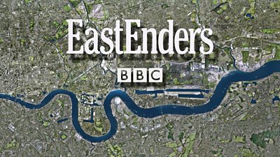 Title card for EastEnders. The title is written in large, white font on top of an image of central London.
