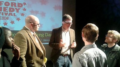 Greg Daniels talks to the audience after the session.