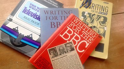 Scriptwriting books from the 1960s - 1980s with a Radio Times cutting.