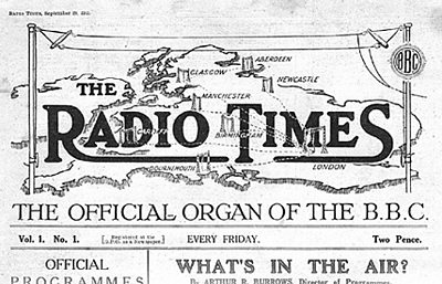 The cover of the first Radio Times - Radio Times is superimposed over a squashed map of the UK. Underneath it says 'The official organ of the BBC'. 