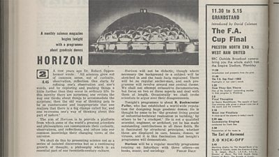 A magazine article which says 'A month science magazine begins tonight with a programme about geodesic domes'. 