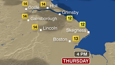 A section of the 3D weather map showing temperatures in Lincolnshire. The clouds and weather are now represented by animated clouds rather than symbols. 