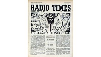 The front cover of the Radio Times. Above XIV Olympiad London 1948 there is a graphic of the torch, the five ring logo and various sports depicted.