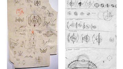 Various doodles and sketches on pieces of yellowed paper