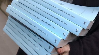 A large pile of printed reports which say 'Report of the Inquiry into the Circumstances Surrounding the Death of Dr David Kelly CMG'