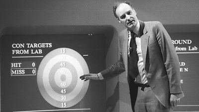 Peter Snow showing a graphic called 'Con targets from Lab'. It's shaped like a archery target. 