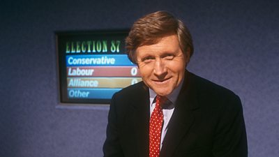 David Dimbleby looks relaxed in the studio for Election 1987. 