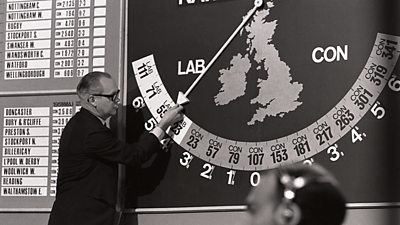 Robert McKenzie manually moves the needle of the swingometer to point to 55 Labour gains. 