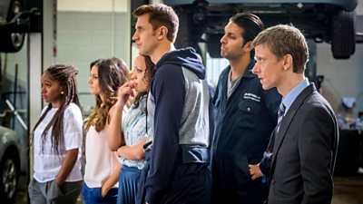 Viv (Cherrelle Skeete), Tracy (Michelle Keegan), Emma (Cat Simmons), Jez (Kris Mochrie), Rick (Shazad Latif), Pete (Mackenzie Crook)91ȱ/Red Productions photo by Ben Blackall