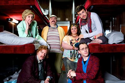 Inside No. 9 - Series 2, Episode 1, 'La Couchette' - Julie Claire Hesmondhalgh, Steve Pemberton, Mark Benton, Jessica Gunning, Reece Shearsmith and Jack Whitehall (ý/Sophie Mutevelian)