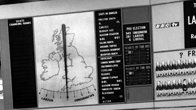 An information board showing a map of the UK with a large needle over a scale showing Labour on the left and Conservative on the right. 