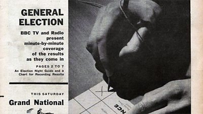 Front cover of the Radio Times showing a hand putting a cross on a ballot paper. The text says '91ȱ TV and Radio present minute-by-minute coverage of the results as they come in'.