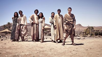 The Ark - Nahlab (Hannah John-Kamen), Ham (Ian Smith), Japheth (Andrew Hawley), Aris (Georgina Campbell), Salit (Emily Bevan), Shem (Michael Fox), Kenan (Nico Mirallergo) (BBC/Red Planet Pictures)