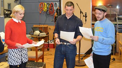 Hannah Tointon, Nigel Harman and Daniel Kendrick in the Home Front studio