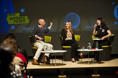 Writing Sketch Comedy for CBBC. Left to right: Andy Potter (Writer), Claire McCarthy (Producer) and Joanna Blake (Development Producer, BBC Writersroom) (Photo: Vishal Sharma)