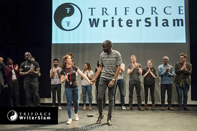 Finalist Michael Wiafe at the first WriterSlam.
