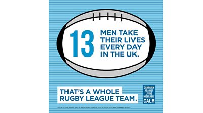 Poster on which a rugby ball says '13 men take their lives every day in the UK. That's a whole rugby league team.'