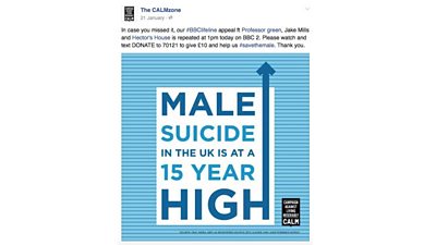 A twitter post with a graphic saying 'Male suicide in the UK is at a 15 year high'. 