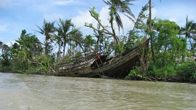 A boat destroyed in Myanmar by Cyclone Nargis, 2008.