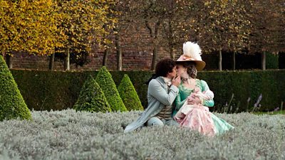 Aneurin Barnard as George Bisset and Natalie Dormer as Lady Worsley (Photographer: Laurence Cendrovitz Credit: BBC/Wall to Wall Productions)