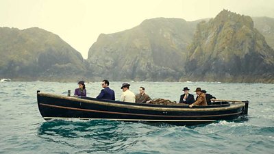 And Then There Were None - Vera Claythorne (Maeve Dermody), Philip Lombard (Aiden Turner), Dr Armstrong (Toby Stephens), William Blore (Burn Gorman), Judge Wargrave (Charles Dance), General Macarthur (Sam Neill), Fred Narracott (Christopher Hatherall)(Photo Credit: BBC/Mammoth Screen/Robert Viglasky)