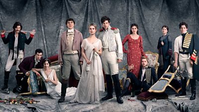 War and Peace: Dolokhov (Tom Burke), Anatole Kuragin (Callum Turner), Helene Kuragin (Tuppence Middleton), Pierre Bezukhov (Paul Dano), Natasha Rostov (Lily James), Prince Andrei (James Norton), Sonya (Aisling Loftus), Nikolai Rostov (Jack Lowden), Princess Marya (Jessie Buckley), Boris (Aneurin Barnard)(Image Credit: BBC/Mitch Jenkins/Kaia Zak)