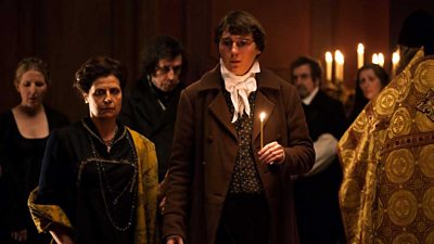 War and Peace: Catiche (Fenella Woolgar), Anna Mikhailovna (Rebecca Front), Prince Vassily Kuragin (Stephen Rea), Pierre Bezukhov (Paul Dano)(Image credit: BBC/Laurie Sparham)