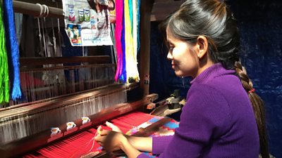 Weaver and Tea Cup Diary fan at the Manaw Star Weaving company in Myanmar