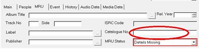 add catalogue number screen with 'catalogue no' field and 'details missing' dropdown highlighted