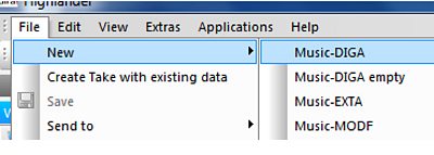 Screenshot of highlander with File - New - Music-DIGA selected