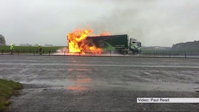 The A74 M was closed after a lorry burst into flames near Lockerbie