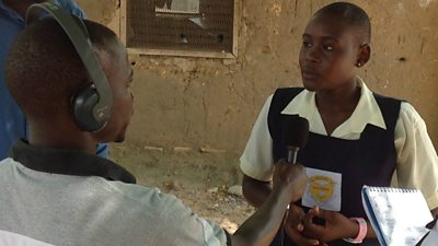 A school girl in Juba being interviewed by a BBC Media Action producer.