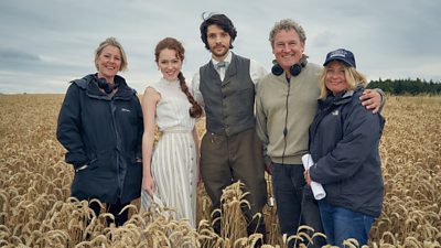 Ashley Pharoah on set - from left to right: Eliza Mellor (producer), Charlotte Spencer, Colin Morgan, Ashley Pharoah (writer) & Alice Troughton (director)