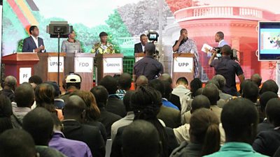 Candidates take to the podium for MUVI TV's live presidential debates ahead of Zambia's elections in August 2016. CREDIT: MUVI TV