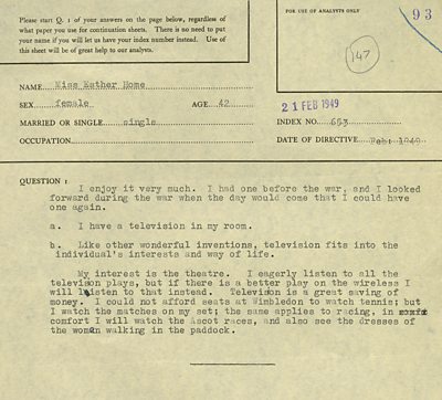 Part of Esther Home's survey which says “I watch the matches on my set, the same applies to racing - in comfort I will watch the Ascot races, and also see the dresses of the women walking in the paddock"