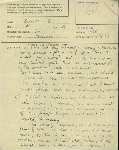 Page of a form with quote saying “the worst of television, from a housewife’s point of view, is it requires a darkened room, so that knitting or mending is out of the question”