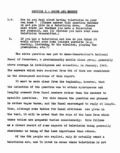 Typewritten sheet with two questions - 1: How do you feel about having television in your own home? 2: If you had a television set how do you think it would affect your home leisure pursuits?