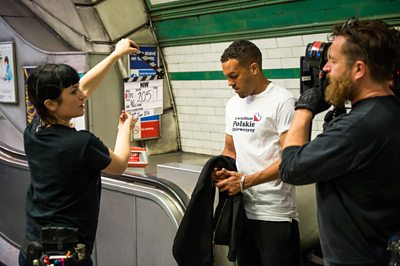 A scene on the London underground with Felix (O-T Fagbenle) (Photo credit: Steffan Hill/BBC/Mammoth Screen)
