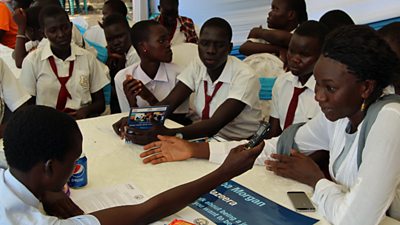 Hah! The tables have turned! Hiba Morgan, Al Jazeera reporter, is interviewed by girls at GESS Careers Fair. Credit: Girls Education South Sudan